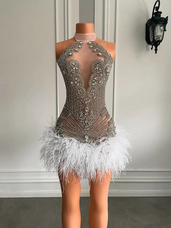 Sparkly Handmade Crystals Women Birthday Party Gowns Sexy See Through White Feather Black Girls Short Mini Prom Dress