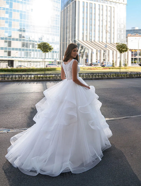 Darla Princess Tulle Wedding Dresses Lace Appliques Puffy Modern Organza Bridal Ball Gowns Button Sweep Train Vestido De Novia