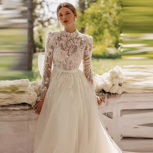 Princess Wedding Dress For Women 2024 Tulle Bridal Gown Elegant Long Sleeves Lace Applique Up Bow Belt Vestidos De Novia