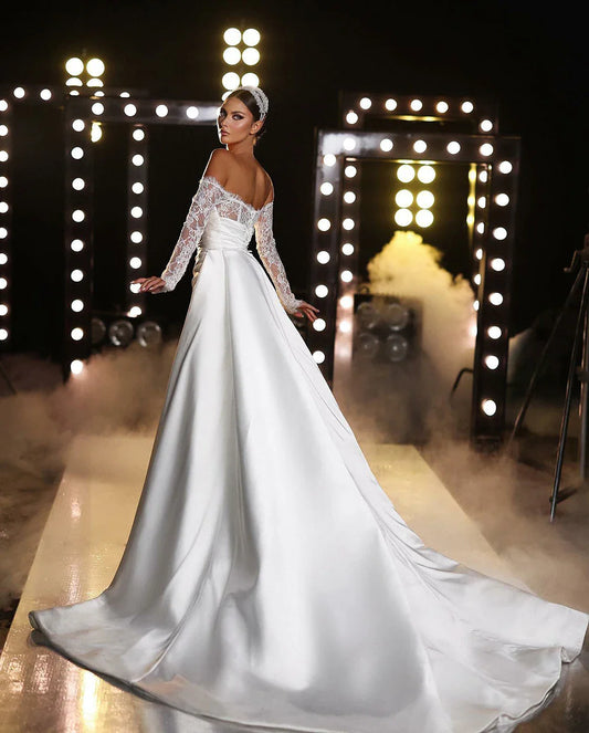Dubai Off Shoulder Lace Long Sleeves Wedding Dresses With Detachable Train Sweetheart Mermaid Bridal Gowns Vestidos De Novia
