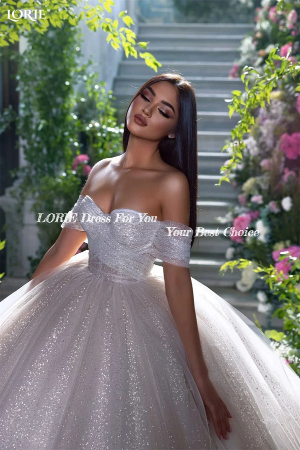 LORIE Glitter Tulle Wedding Dresses Off Shoulder Shiny Puffy Pleated Prom Bridal Gowns Sparkly Ball Pageant Bride Dress