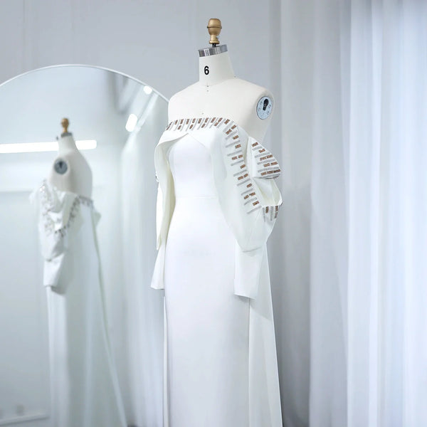 Elegant Off White Mermaid Dubai Evening Dress with Cape Long Sleeves Off Shoulder Arabic Wedding Party Gowns SF008