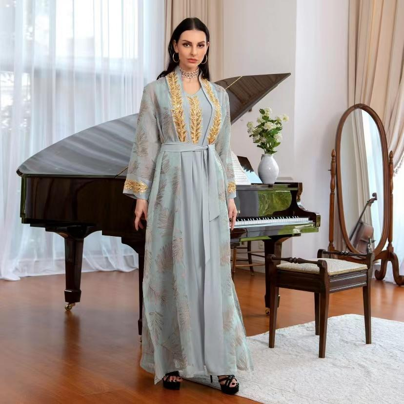 Broderie pailletée dubaï Abaya ensembles Musulmans Caftan ceinturé Robe de soirée Femme Musulmane Caftan Marocain femmes Jalabiya Ramadan