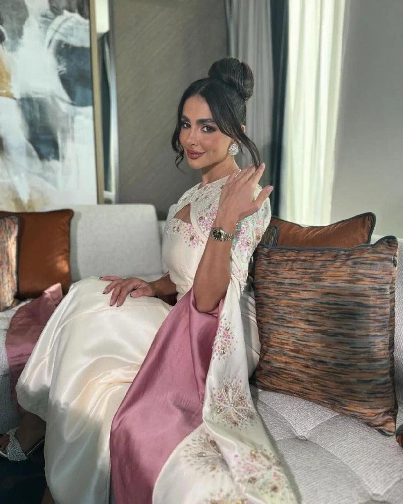 Vestido de baile Arábia Saudita cetim de cetim drapeado Quinceanera A-line decote em V vestidos de manga longa sobera