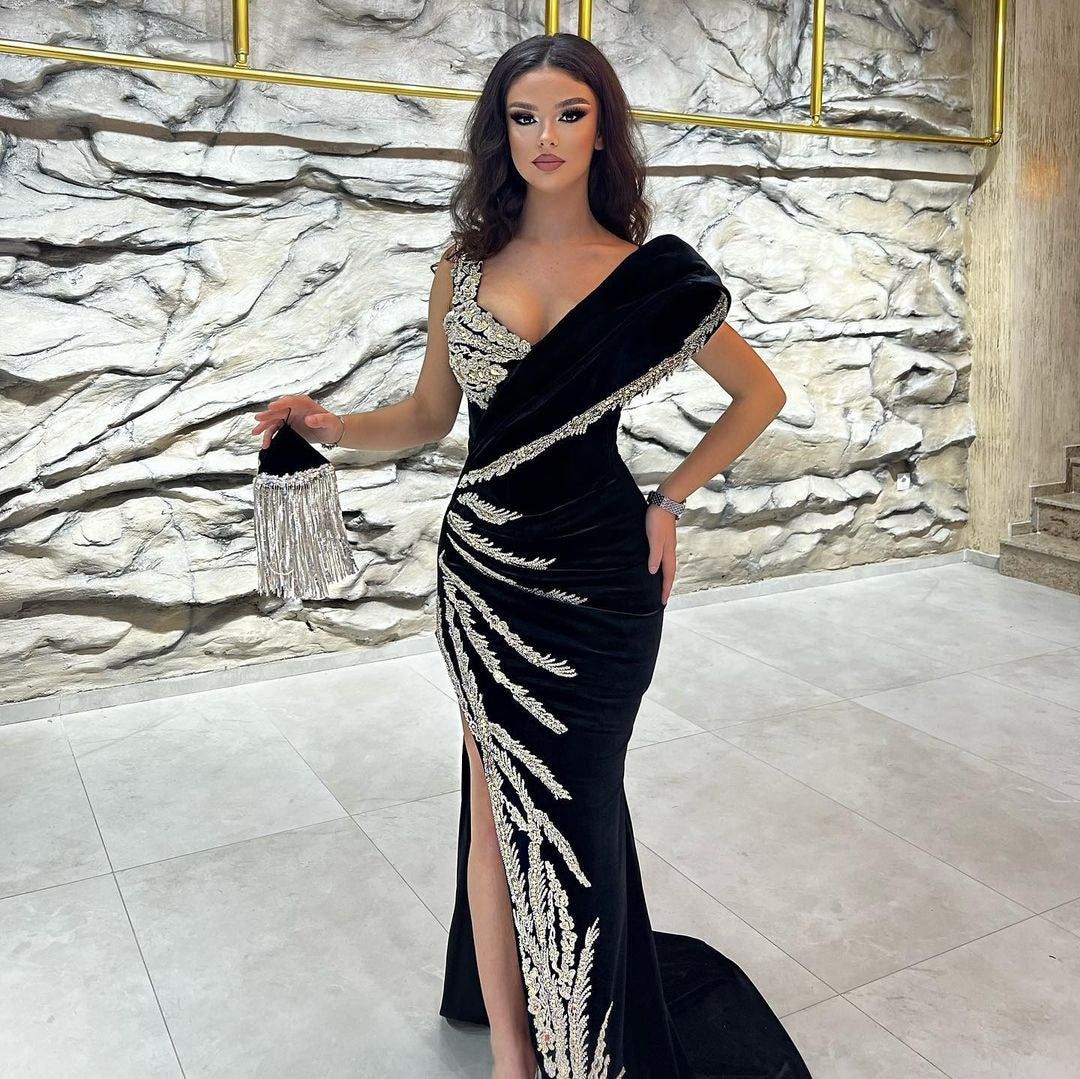 Black Algeria Caftan Abito da sera in pernaggio in pizzo dalla spalla Elegante sirena in velluto arabo abito da festa