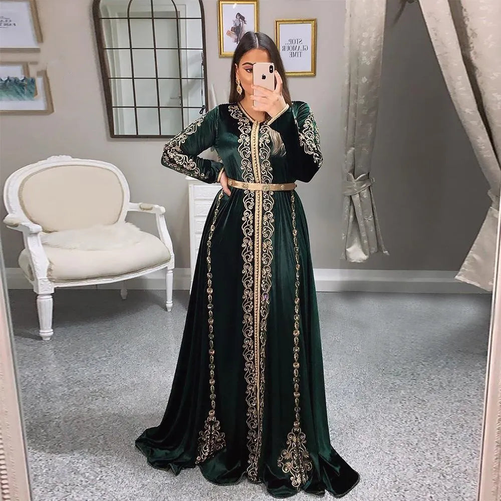 Délicat manches longues caftan marocain robes de soirée formelles nouveauté col en v arabe musulman robes d'occasion spéciale bal