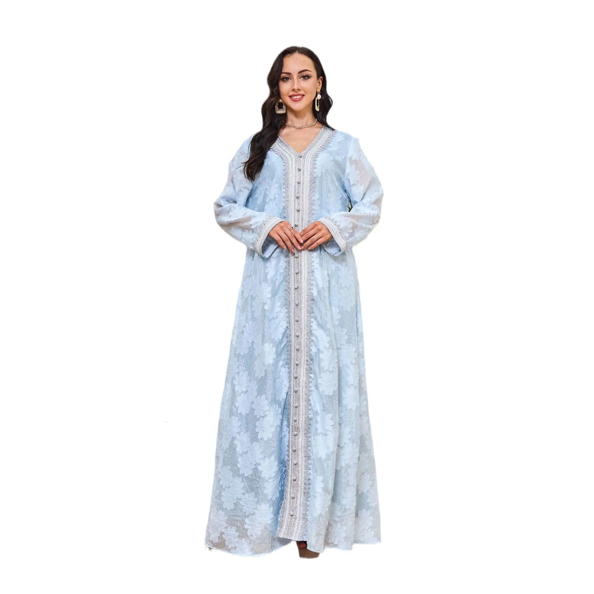 Abaya Islamic Chic Printing Tape Trim Full Sleeve V-Neck Belted Clothing Elegant Long Dresses For Women Saudi Arabia