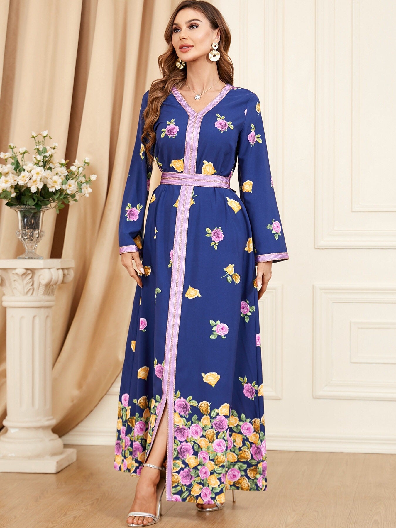 Chique etnische print abaya jurk vrouwen elegante tape trim V nek volle mouw losse casual gordel Morokkaanse Dubai jalabiya