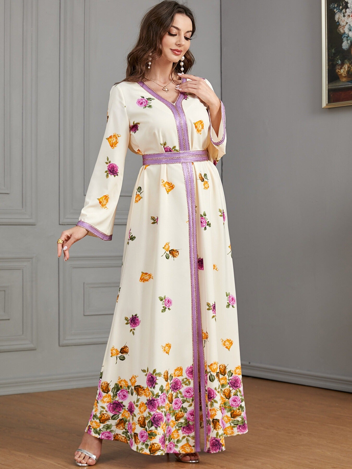 Vestido Abaya con estampado étnico elegante para mujer, vestido elegante con cinta y cuello en V, manga larga, holgado, informal, con cinturón, Jalabiya marroquí de Dubái