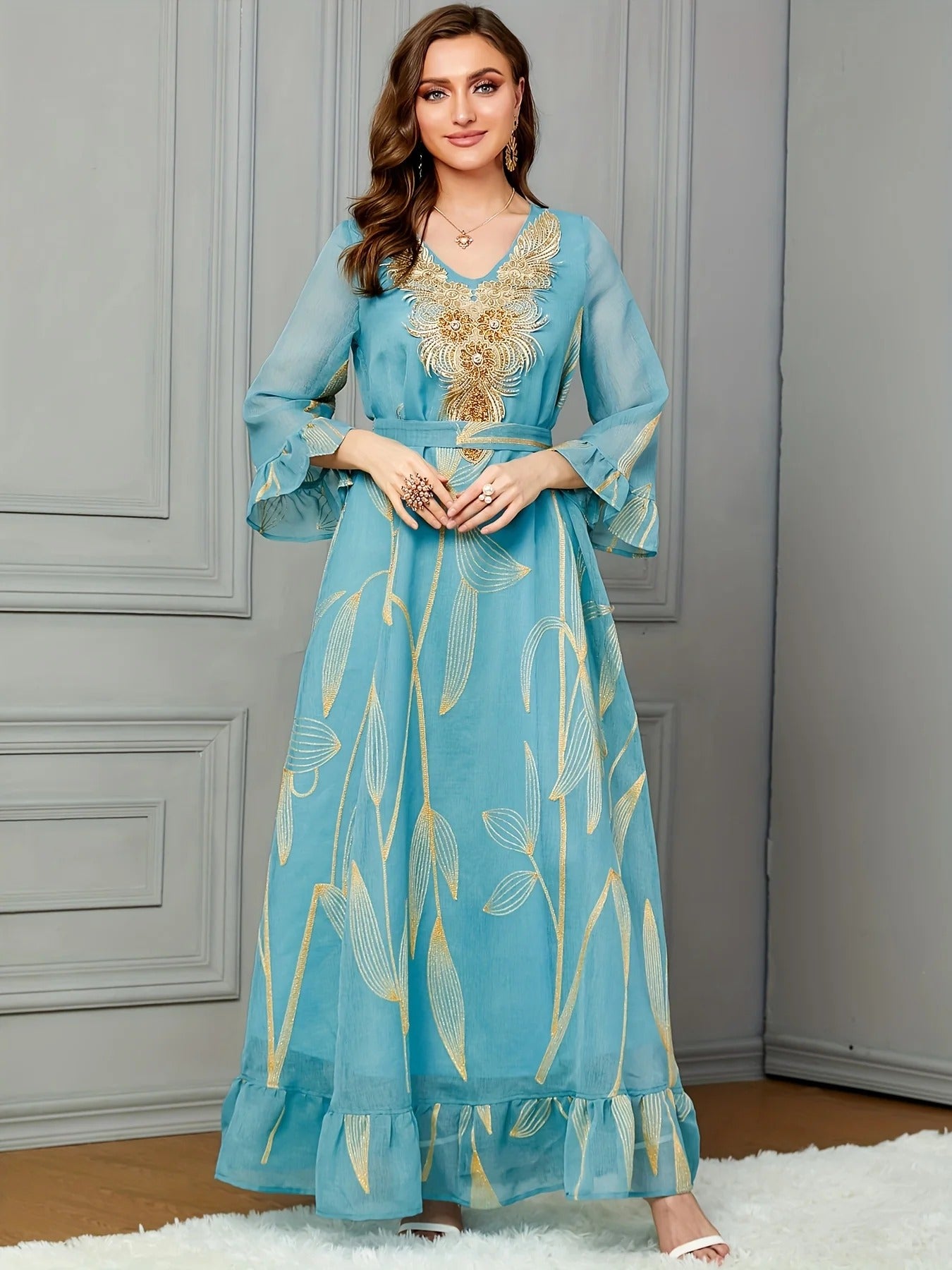 Fashion Floral Sequins Gold Embroidery Guipure Lace Dress With Sashes Flare Sleeve V-Neck Elegant Robe For Dubai Women