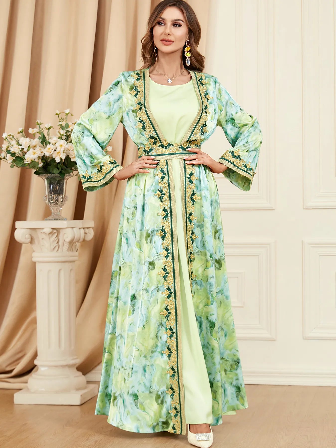 Dress Marocain Femme Satin Evening 2 Piece Abaya Set For Ramadan Muslim Female Chic Printing Belted Dubai Islamic Gown