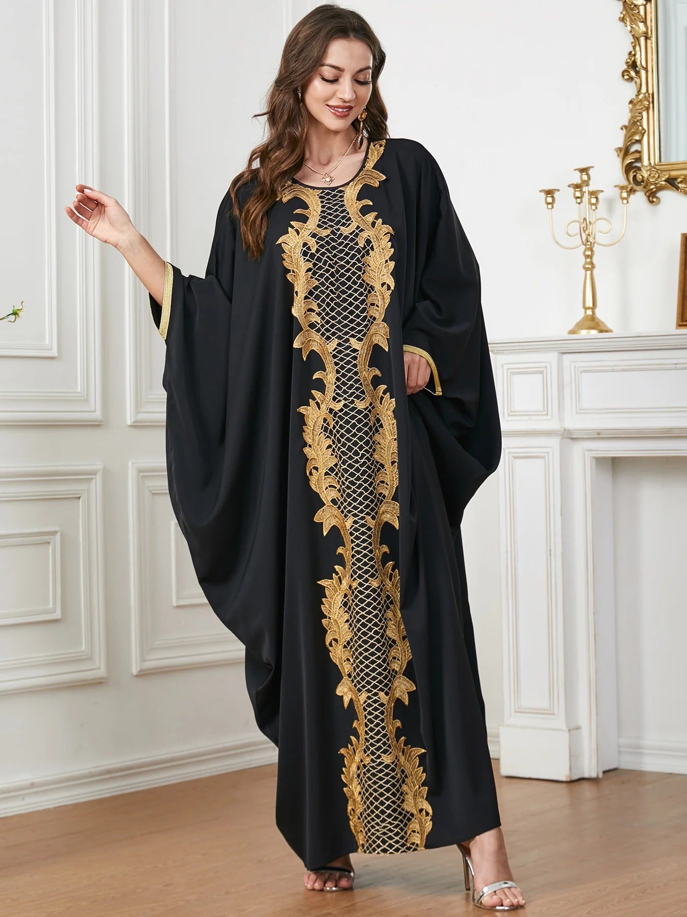 Manga de batwing preta abayas bordado casual casual feminino africano vestidos marroquinos kaftan islã roupas manto muçulmano