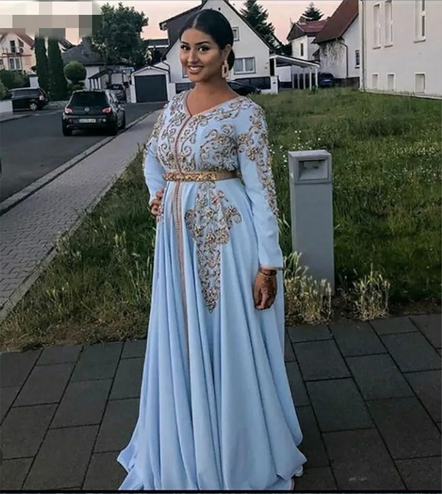 Blauwe Marokkaanse kaftan avondjurken v nek kristal algerije Arabische moslim speciale gelegenheid kleedt feestjurken