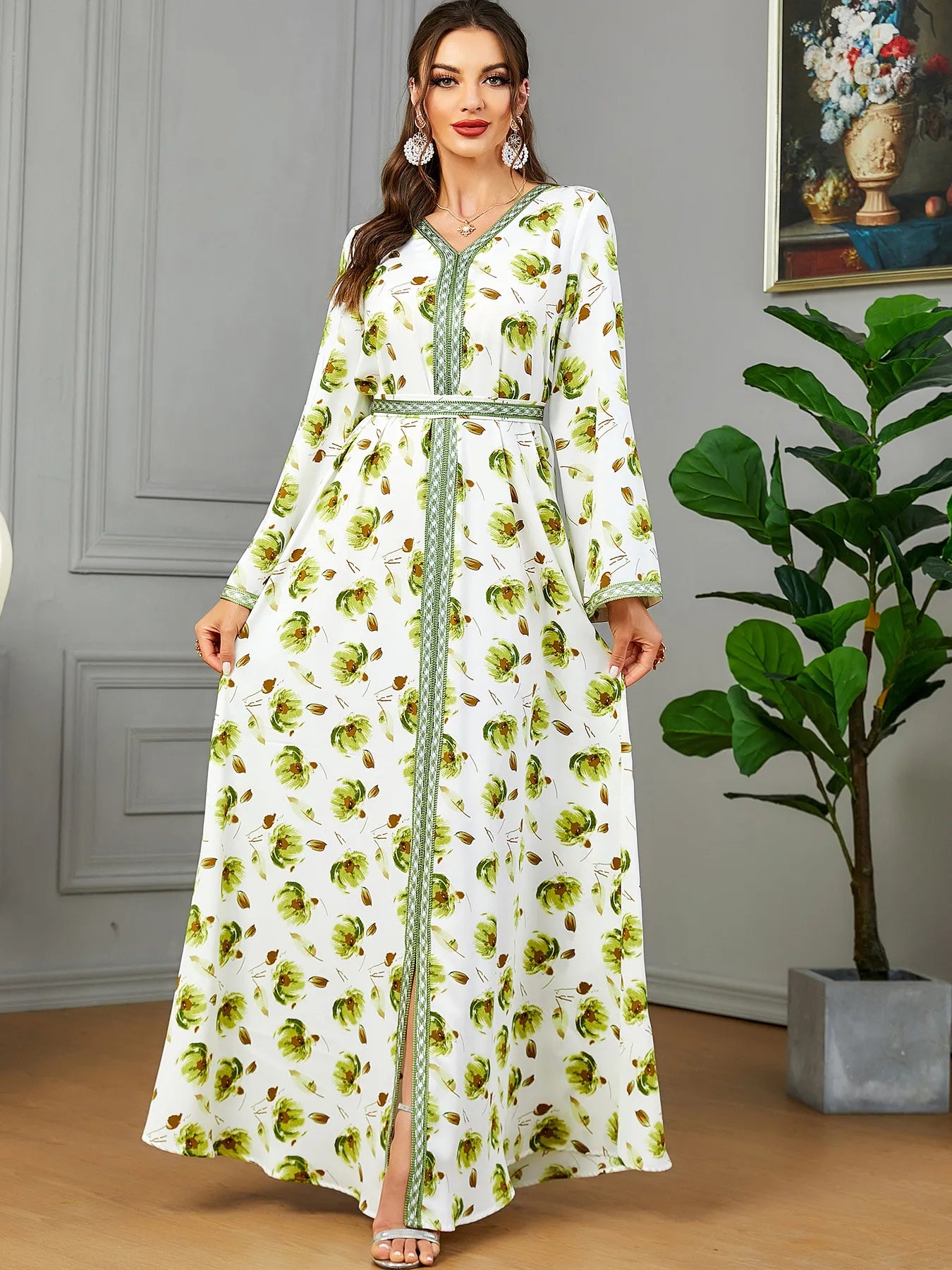 Fashion Chic Printing Casual Long Sleeve V-Neck Belted Dress Moroccan Gulf Caftan For Women Arab African Turkish Abaya