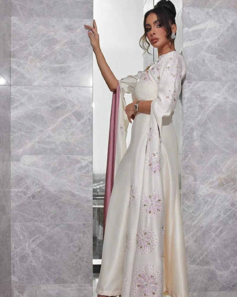 Vestido de baile Arábia Saudita cetim de cetim drapeado Quinceanera A-line decote em V vestidos de manga longa sobera