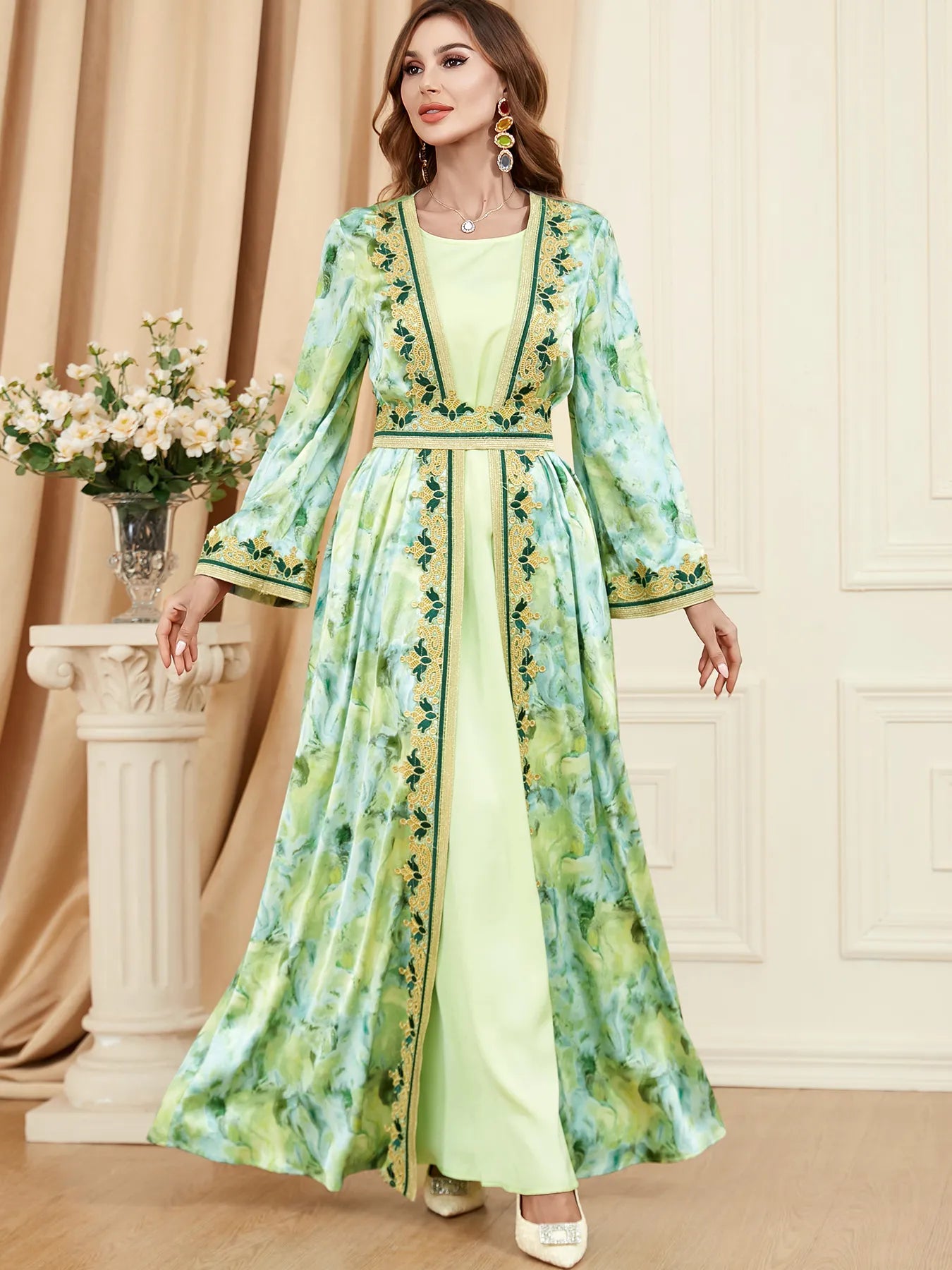 Dress Marocain Femme Satin Evening 2 Piece Abaya Set For Ramadan Muslim Female Chic Printing Belted Dubai Islamic Gown