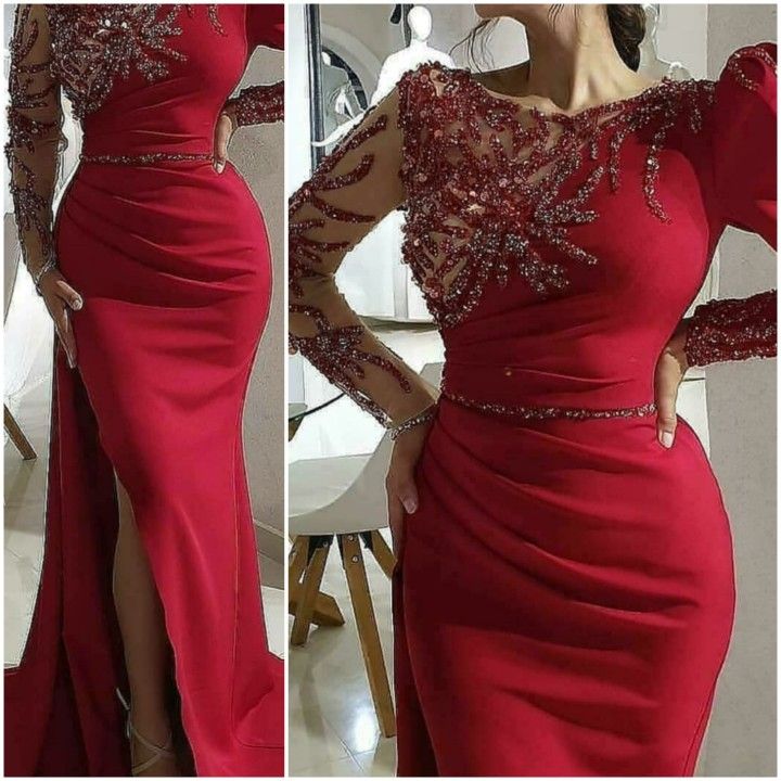 Vestido de noche de lujo con baile de sirena, calcomanía brillante con cuello redondo, manga larga, tren de barrido sexy, bata de mujer con abertura lateral de cristal con cuentas