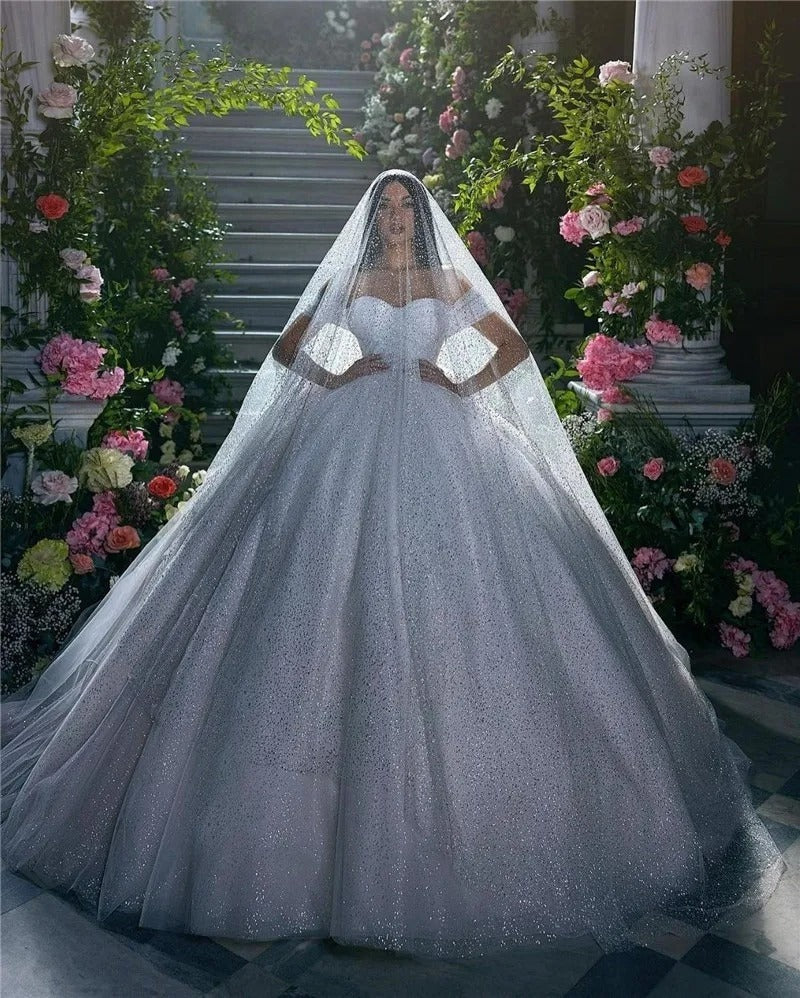 Abiti da sposa in tulle glitter di luccichio spalla lucido da sposa abito da sposa scintillante