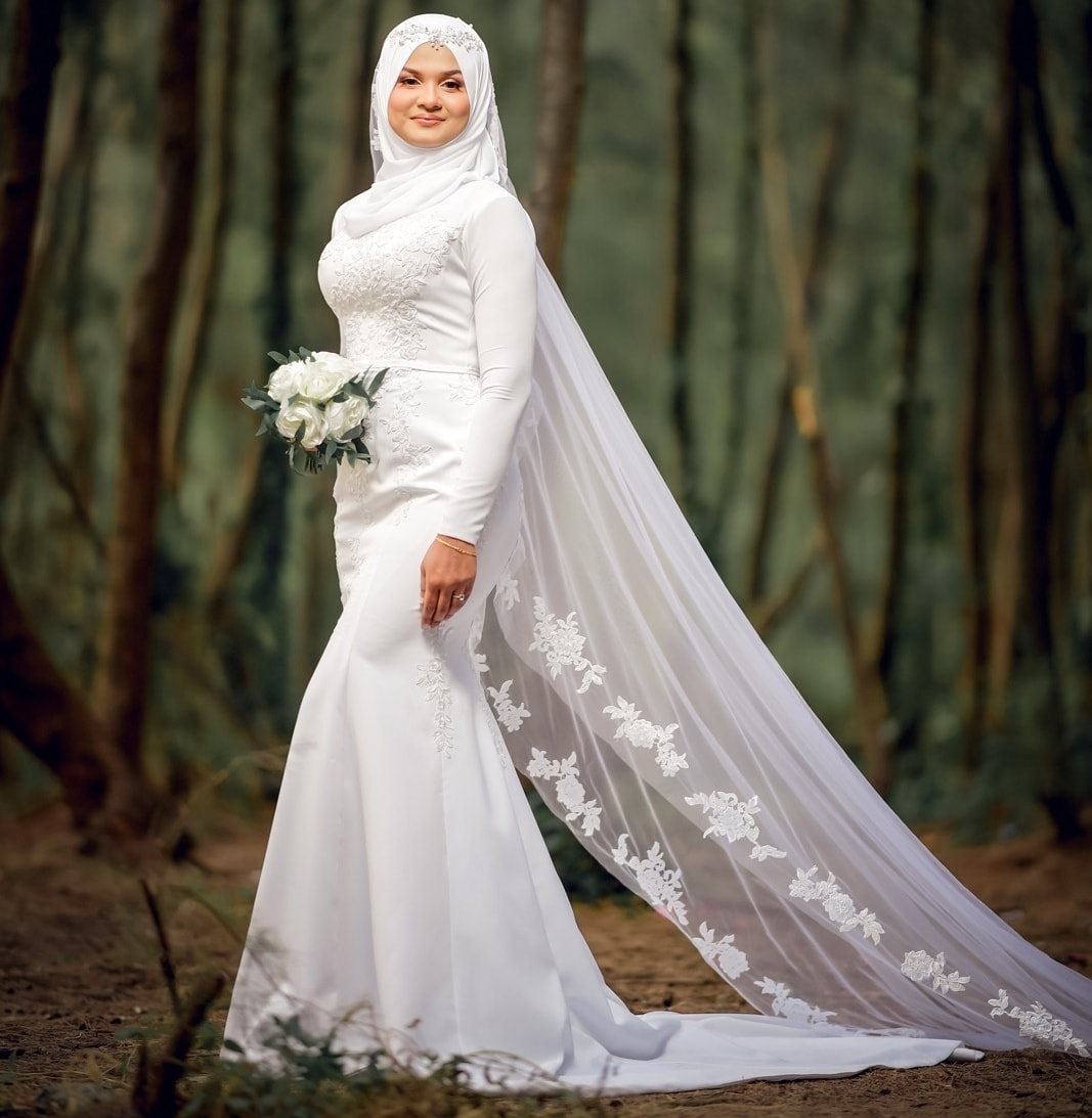 Langarmes Spitzen Hijab Hochzeitskleid Elegante Robe de Soirée de Mariage Meerjungfrau Brautkleid mit Schleier Vestidos de Novia