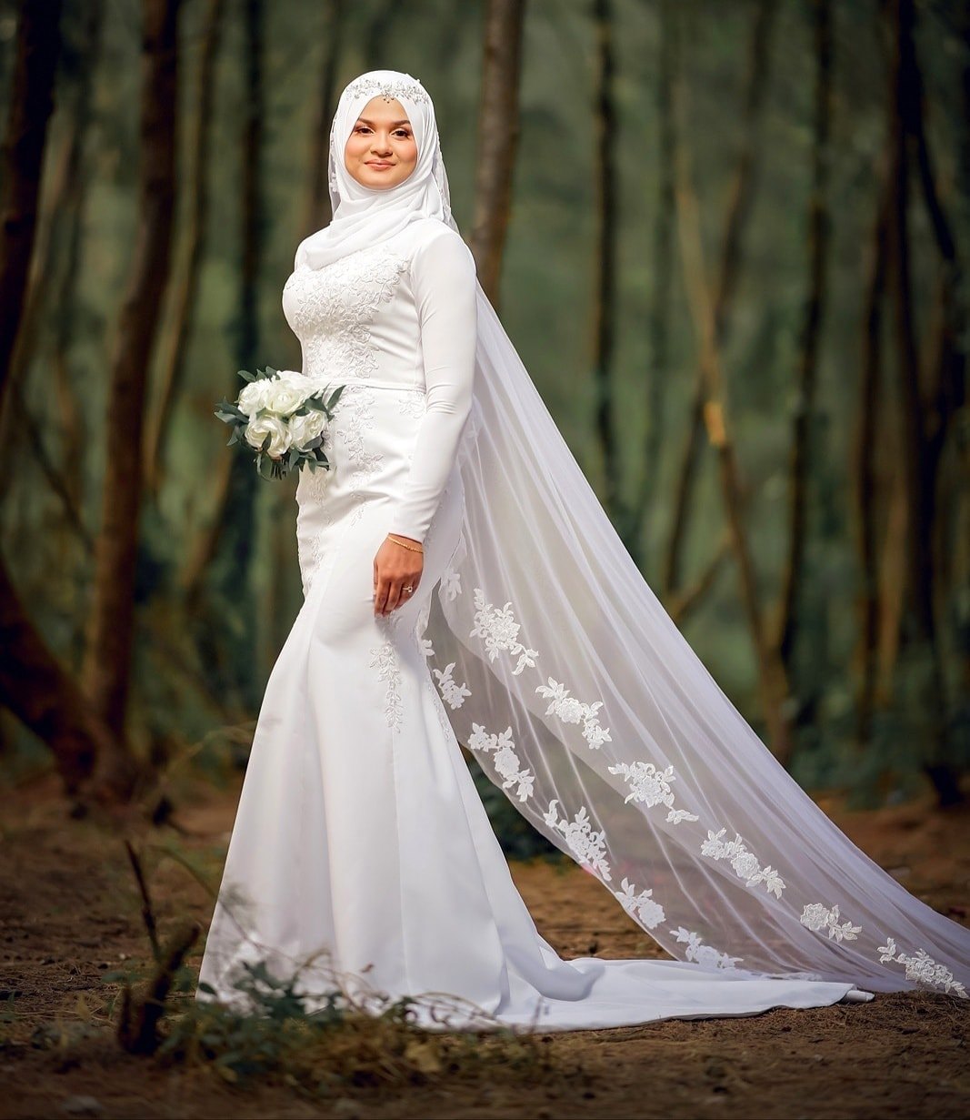 Long Sleeves Lace Hijab Wedding Gown Elegant Robe De Soirée De Mariage Mermaid Bride Dress with Veils Vestidos De Novia