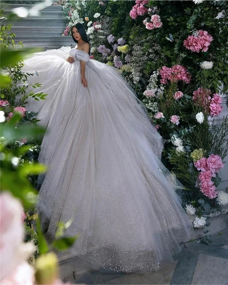 Abiti da sposa in tulle glitter di luccichio spalla lucido da sposa abito da sposa scintillante