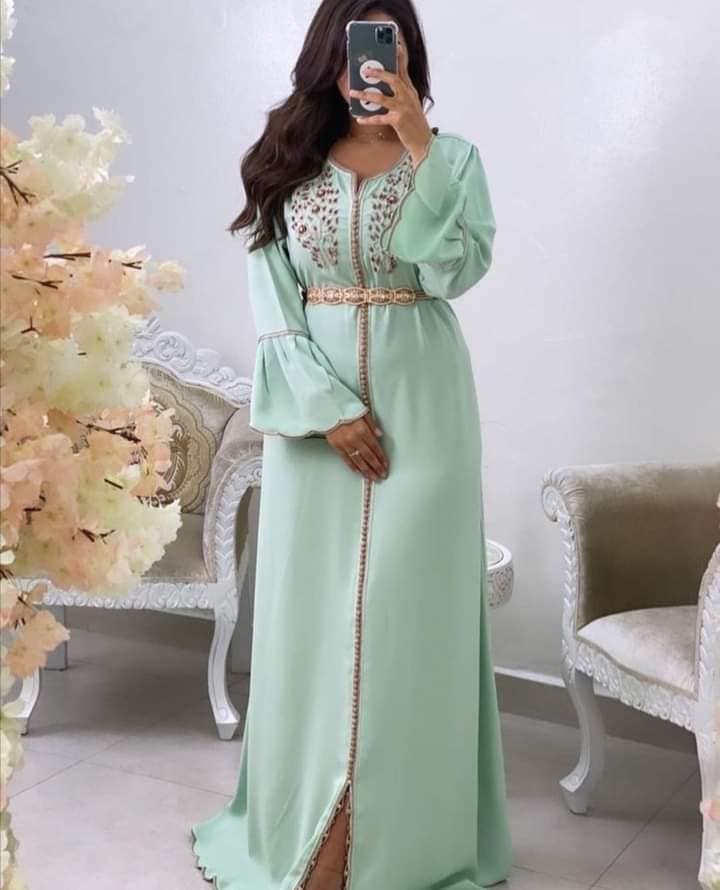 Perlen grünes marokkanisches kaftan formaler Abendkleider mit langarmem Abschlussball Besonderes Anlass Kleider Mutterkleid Vintage