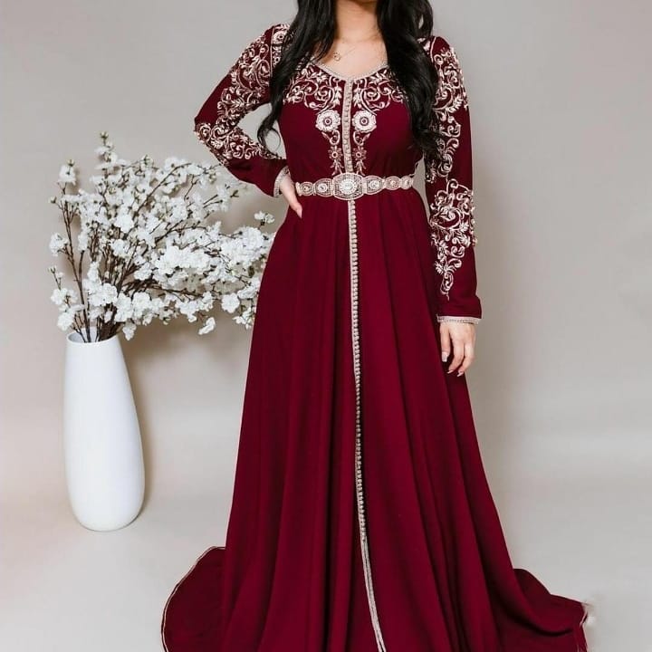 Marokko Caftan Abendkleider gegen Hals 3D Blumen Outfit Dubai Prom Kleid Velvet Langarm formelle Abendpartykleid