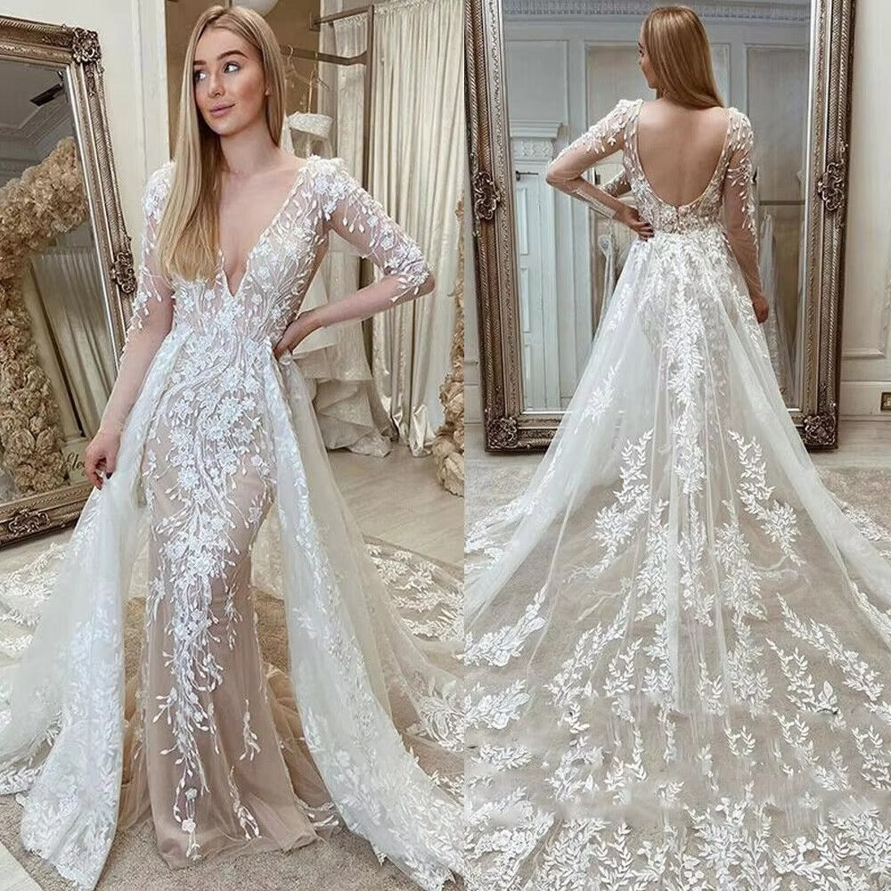 Luxus abnehmbar 2 in 1 Hochzeitskleid bestickte Spitze im Netz mit Zug V-Ausschnitt ärmelloses Vintage-Brautkleider Vestido de Novia