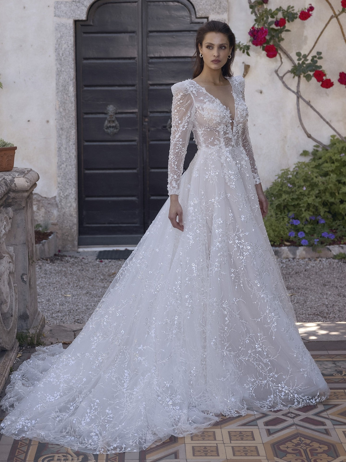 SAROULU Sparkle Appliques Wedding Dress with Long Sleeves Deep V Neck A Line Bridal Gown Illusion Open Back Bride Dress