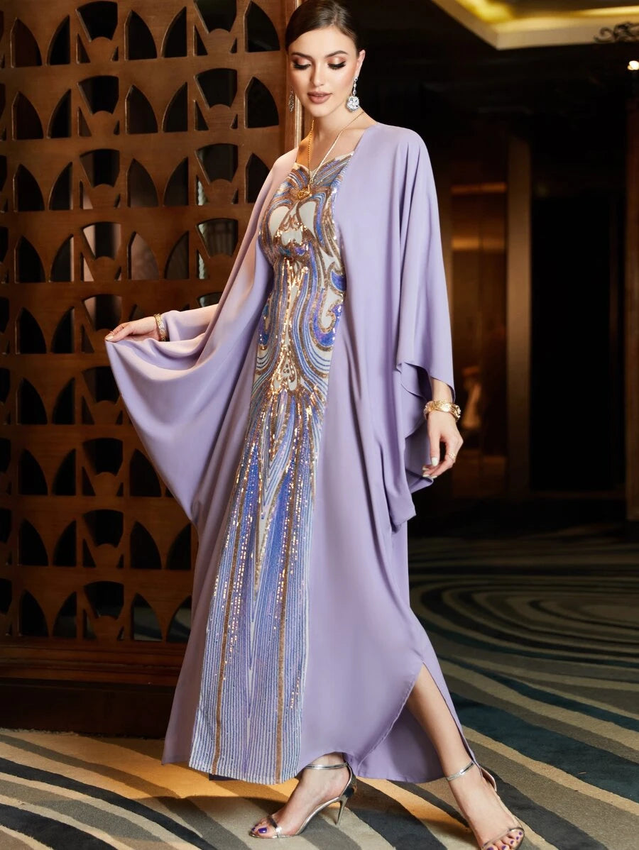 Abayah For Women 2023 Dubai Basic Chic Solid Sequins Batwing Sleeve Elegant Muslim Summer Long Dress