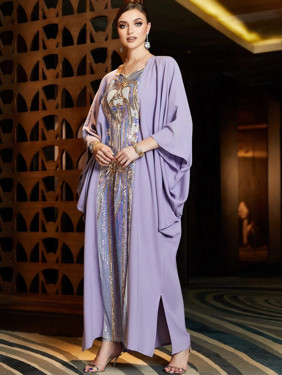 Abayah For Women 2023 Dubai Basic Chic Solid Sequins Batwing Sleeve Elegant Muslim Summer Long Dress