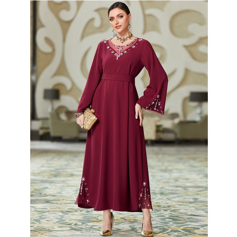 Pure Handwork Rhinestone Red Long Dress For Muslim Women Chic Hollow Out Full Sleeve Belted Dubai Moroccan Robe