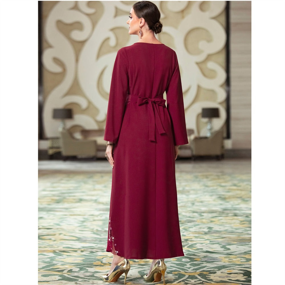 Reine Handarbeit Strass rote langes Kleid für muslimische Frauen Chic Hollow -out Full Sleeve Gürness Dubai Marokkanische Robe