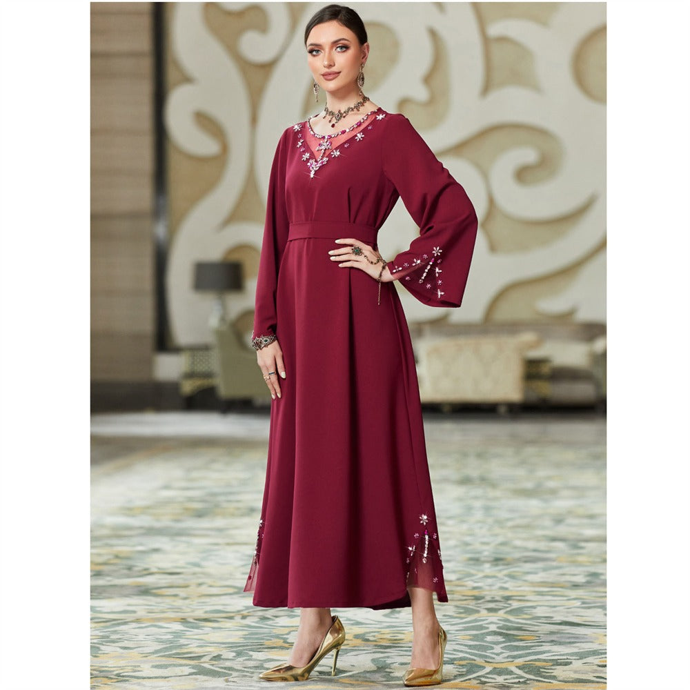 Pure Handwork Rhinestone Red Long Dress For Muslim Women Chic Hollow Out Full Sleeve Belted Dubai Moroccan Robe