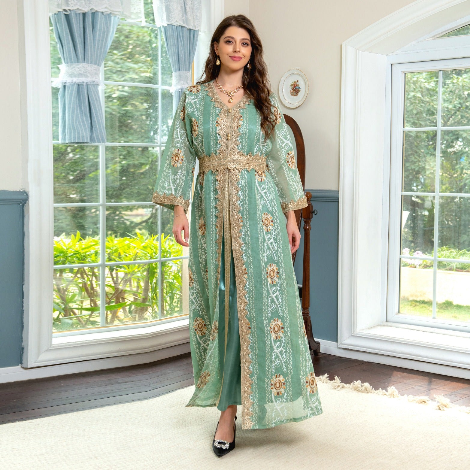 Muslim Ramadan Satin Mesh Floral Embroidery Ethnic Belted Dresses Fashion Moroccan Kaftan Women Jalabiya Party Outfits