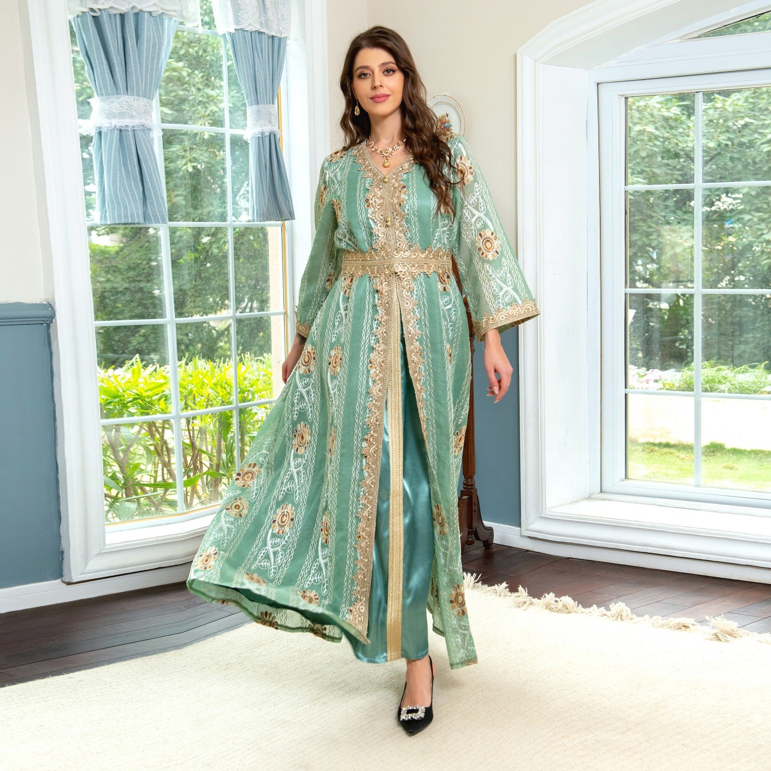 Robes musulmanes en Satin pour Ramadan, maille florale, broderie ethnique, ceinture, mode caftan marocain, tenues de fête Jalabiya pour femmes