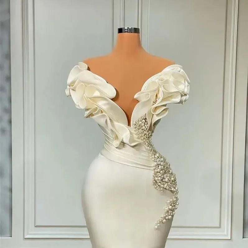 Haohao-vestidos de novia de sirena con perlas, vestidos de novia sexys con hombros descubiertos, vestidos de novia elegantes de satén marfil con volantes, novia campestre bohemia Vintage 