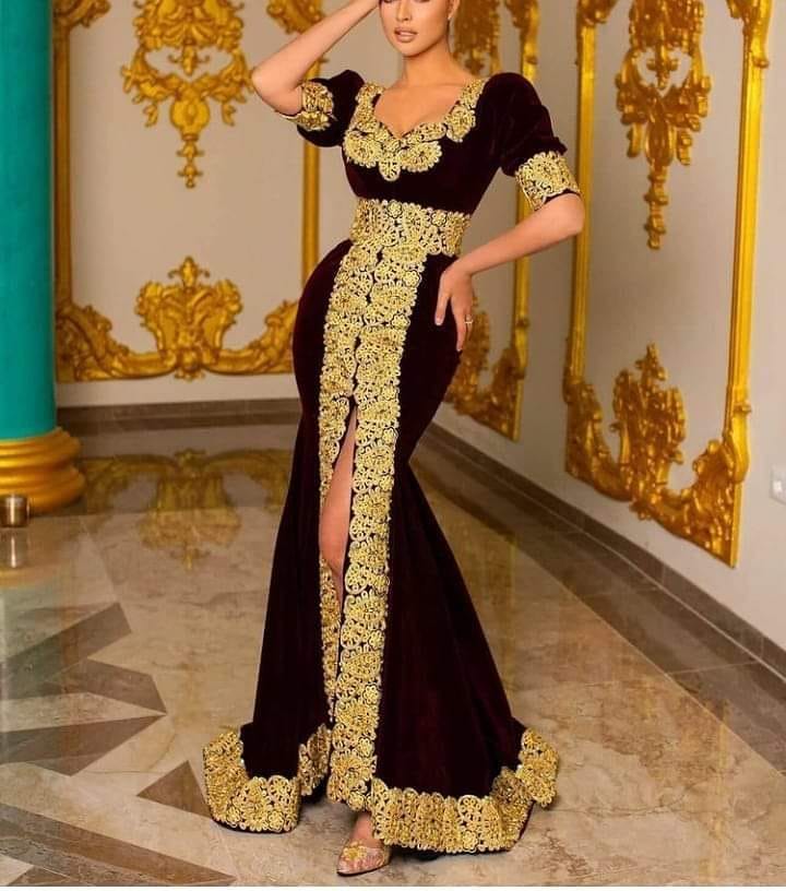 Bourgogne Maroc Caftan Robes De Soirée À Manches Courtes Glod Dentelle Sirène Robes De Bal Côté Fendu Formelle Robe De Soirée