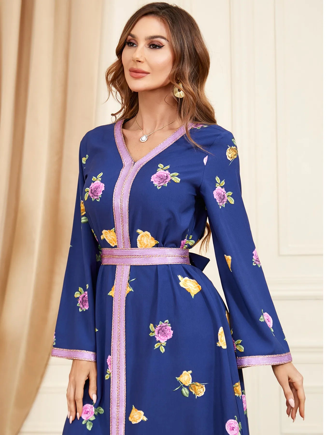 Abaya – robe Chic à imprimé ethnique pour femmes, élégante, avec bande, col en V, manches longues, ample, décontractée, ceinturée, marocain, dubaï, Jalabiya