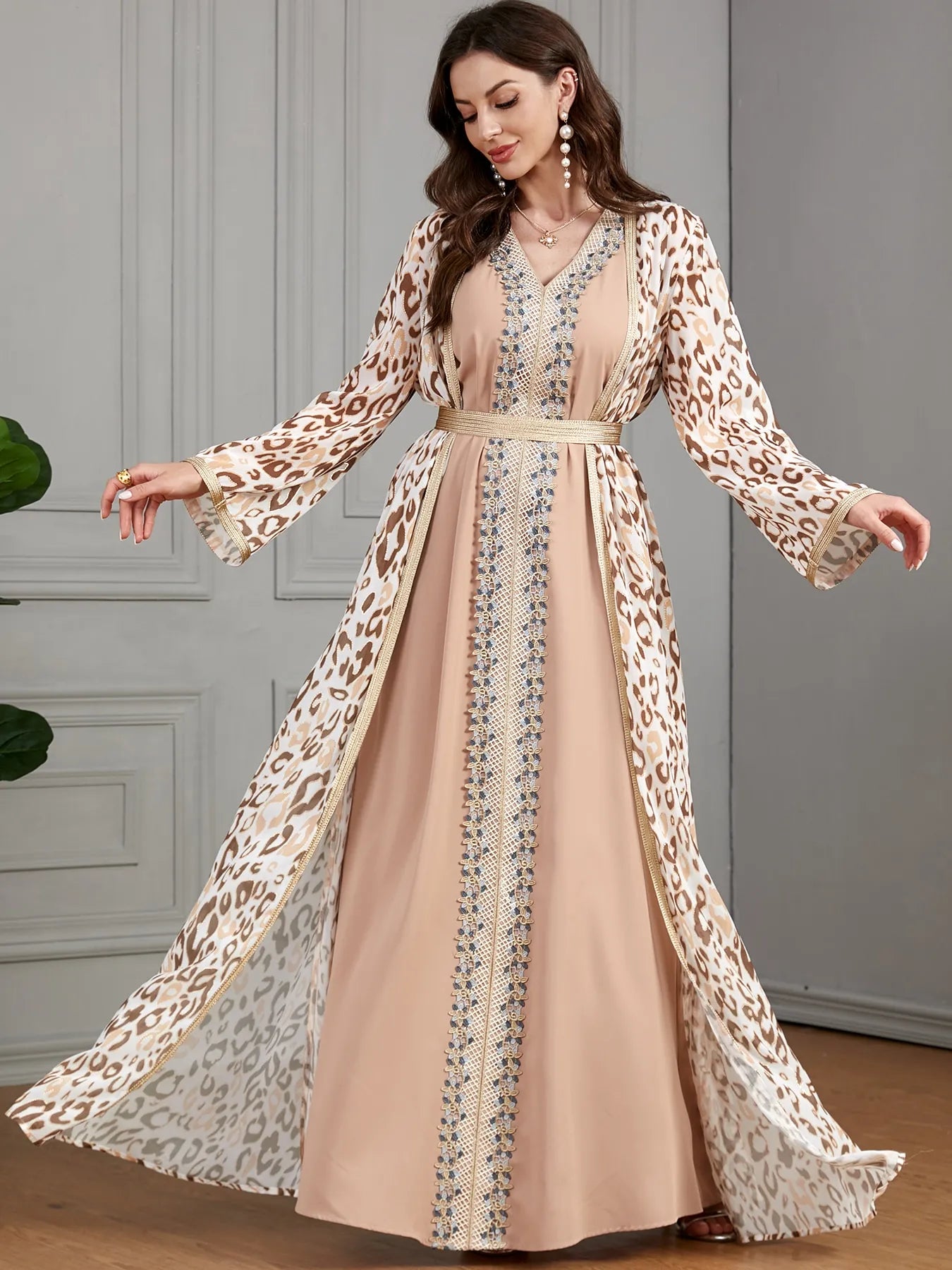 2 sztuki zestaw Abaya dla kobiet Chic koronkowy haft haftowy V Szybka dolna i lampart i lampart nadruk Kimono muzułmanin eid nowy