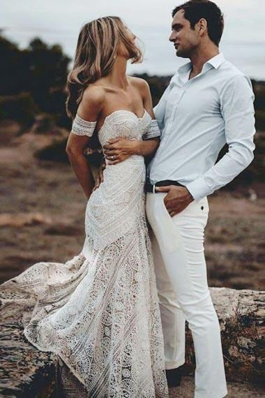 Abiti da sposa in pizzo della sirena boho fuori dagli abiti da sposa delle spalle abiti da sposa a lungo spiaggia per la sposa Vestido de nolia