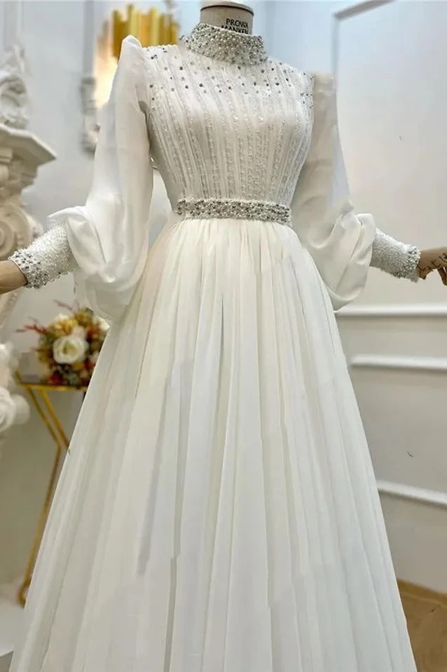 Islamic Muslim Dubai Luxury Wedding Gown Chiffon with Beading Long Sleeve Hijab Bridal Dress High Neck A-Line Robe De Mariée