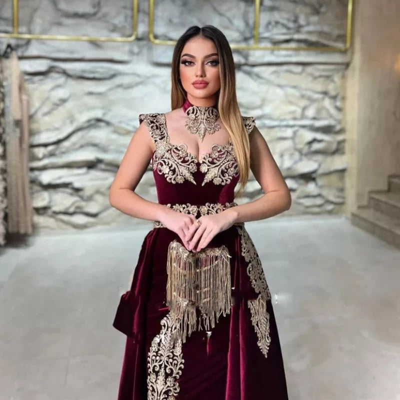 Dark Burgundy Velvet Mermaid Evening Dresses Sependable Train Lace Applique Dubai Kaftan Women Prom Gowns