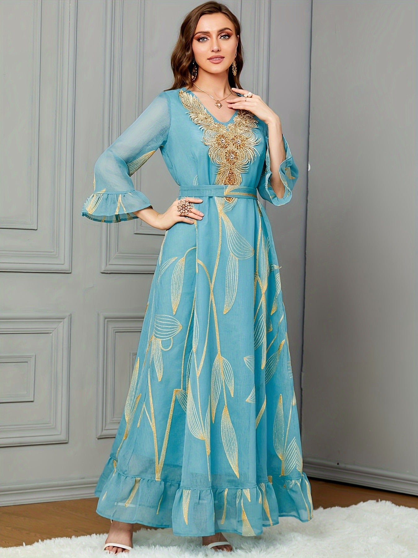 Robe en dentelle Guipure brodée dorée, paillettes florales, avec ceintures, manches évasées, col en v, Robe élégante pour femmes de dubaï