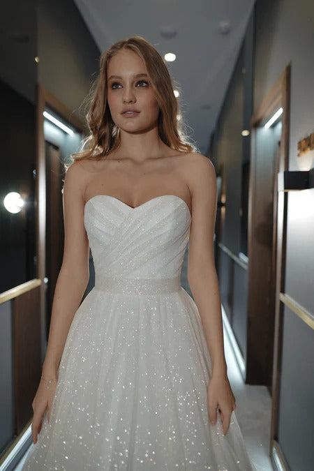 Abito da sposa glitter senza spalline Abite con paillettes Shinny Bride Abite di abiti da sposa a pieghe senza maniche