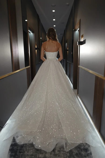 Robe De mariée sans bretelles, ligne a, paillettes brillantes, Robe De mariée plissée, sans manches 