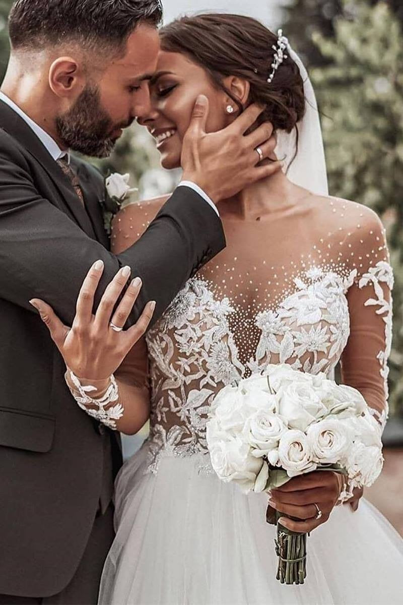  Abiti da sposa in tulle punteggiati in spiaggia Robe de Mariee maniche lunghe Design a torro Appliques in pizzo Abiti da sposa formali