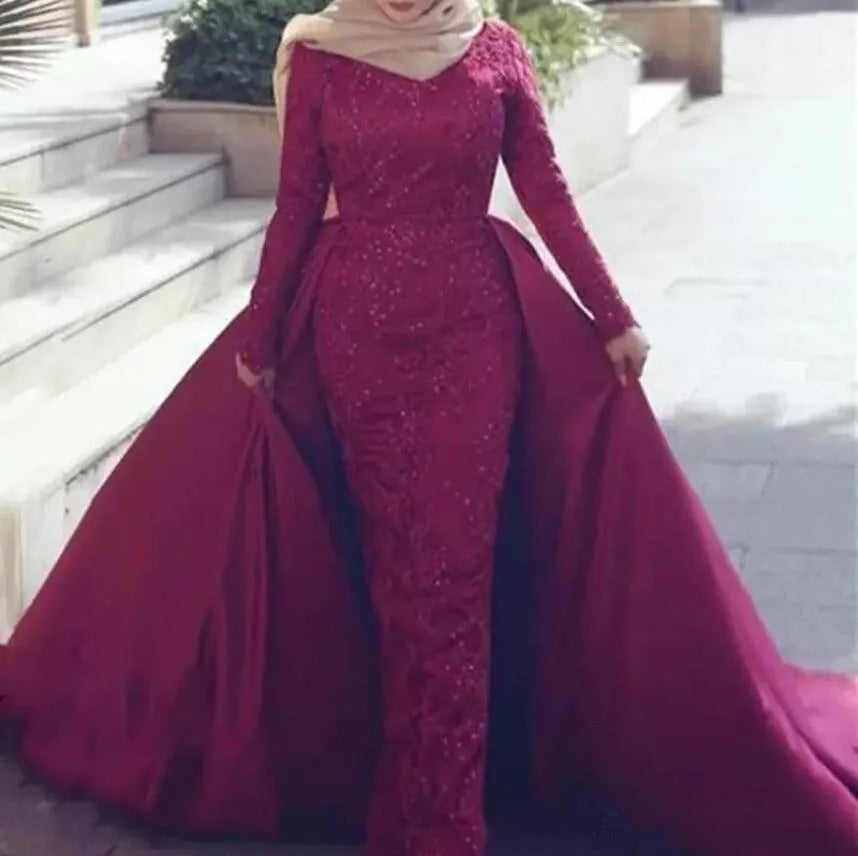 Mermaid Muslim Wedding dress Detachable tail sweetheart appliques lace Long sleeve Bridal Dresses Robe De Mariee