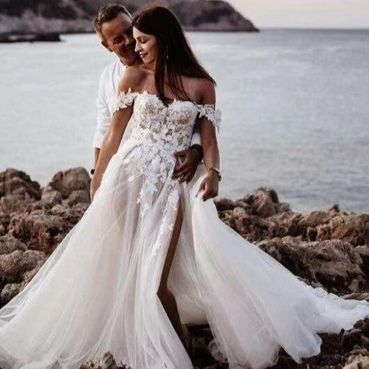 Vestidos de novia bohemios de lujo con hombros descubiertos, vestidos de novia con escote en forma de corazón, hermosos vestidos de novia con abertura lateral, corsé sin mangas, nuevo 