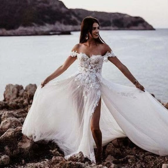 Vestidos de novia bohemios de lujo con hombros descubiertos, vestidos de novia con escote en forma de corazón, hermosos vestidos de novia con abertura lateral, corsé sin mangas, nuevo 